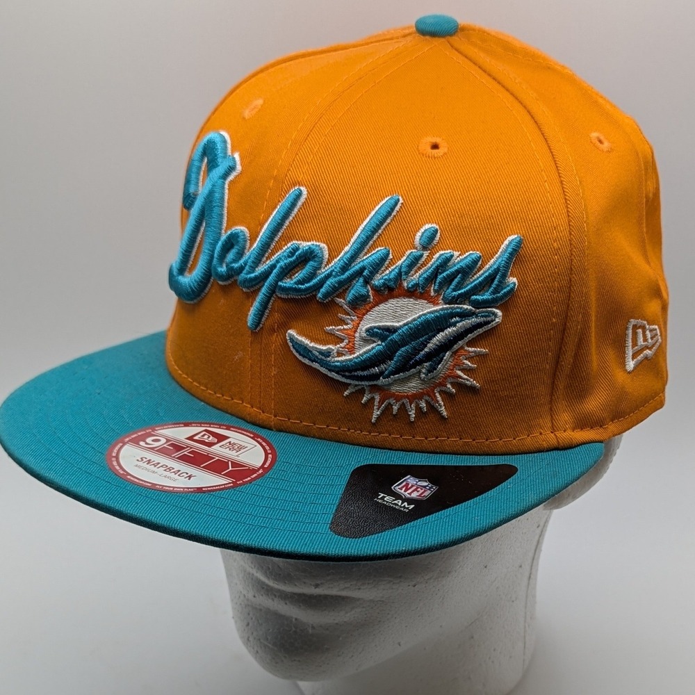 New Era Miami Dolphins Snapback Hat Orange Teal Script Logo NFL - NWT